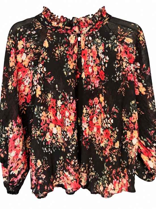 Counterparts Tops - Counterparts Black Floral Ruffle-Neck Blouse with Red & Pink Blooms-XL NWOT